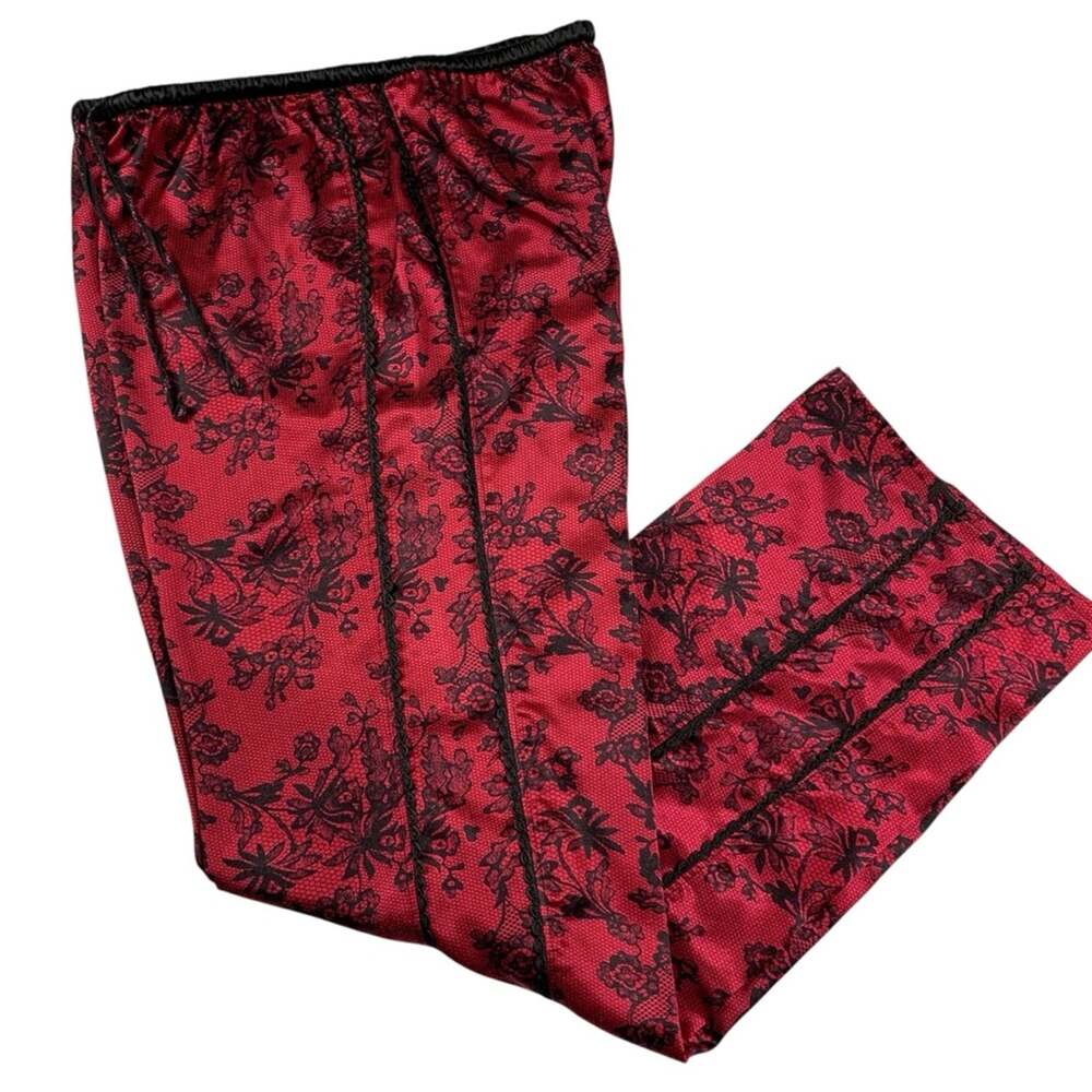 Betsey Johnson Floral Satin Pants M Red Black Double Piping Drawstring PJ Bottom
